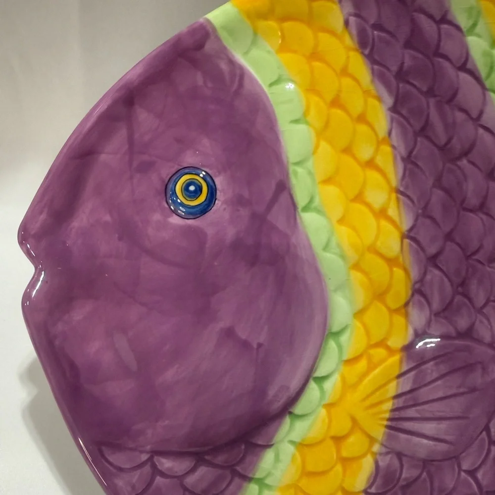 Vintage Hand Painted Ceramic Fish Large Yellow/Purpl Serving Platter 14 3/4 x 11